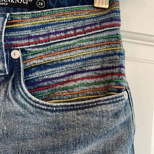 New Blank NYC cropped raw edge jeans with rainbow embroidery detail